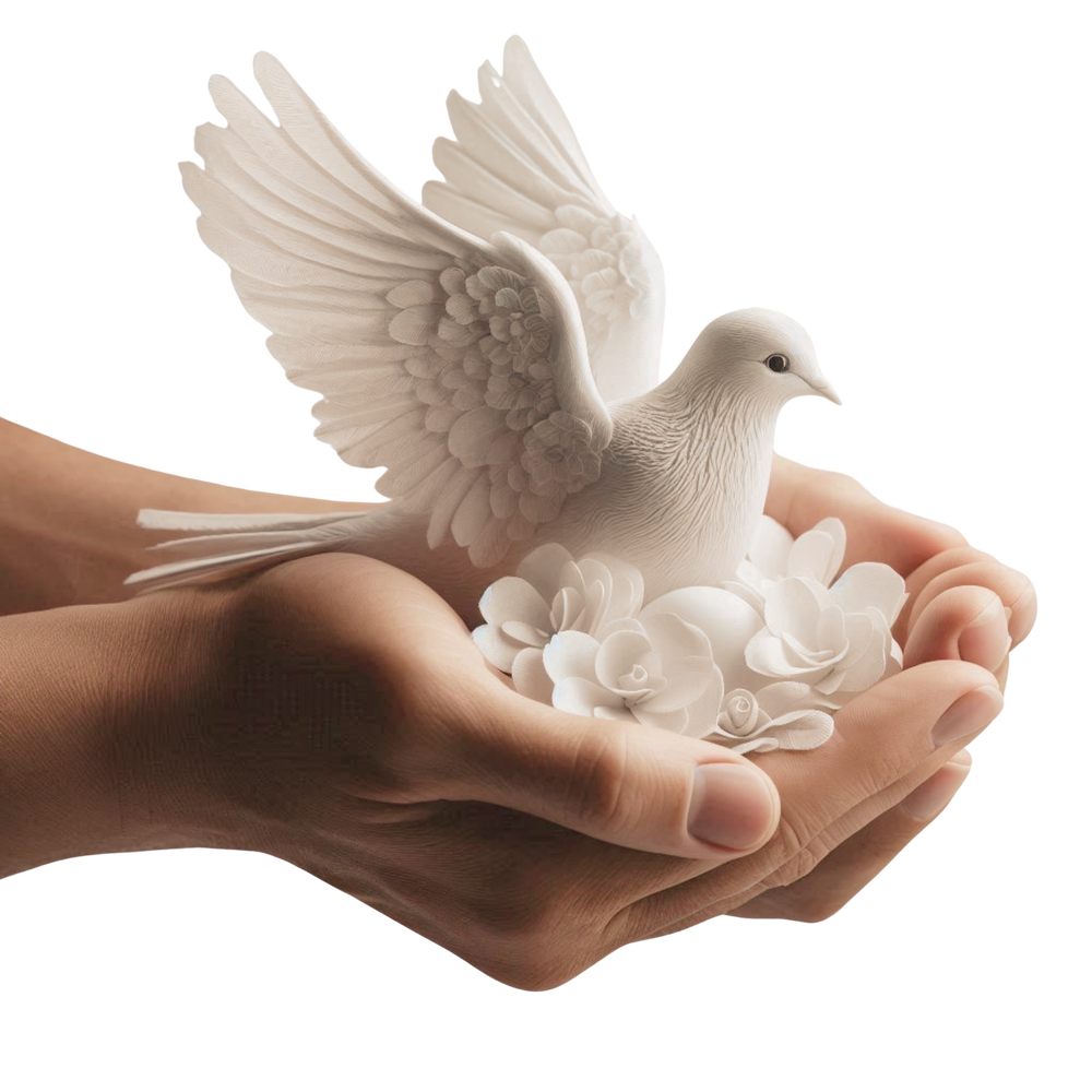 a person holding a white dove figurine in their hands